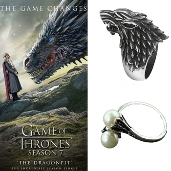

Game of Thrones Stark Direwolf Ring Wolf Head Cosplay Rings Daenerys Targaryen two Simulated Pearl White Rings