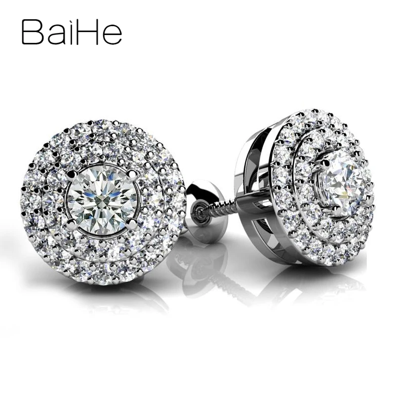 Total 0.51ct W BAIHE Твердые 18 к белое золото всего 0.51ct H/SI круглые натуральные бриллианты ювелирные изделия Свадебные модные ювелирные изделия подарок круглые серьги-гвоздики - Цвет камня: Total 0.51ct W