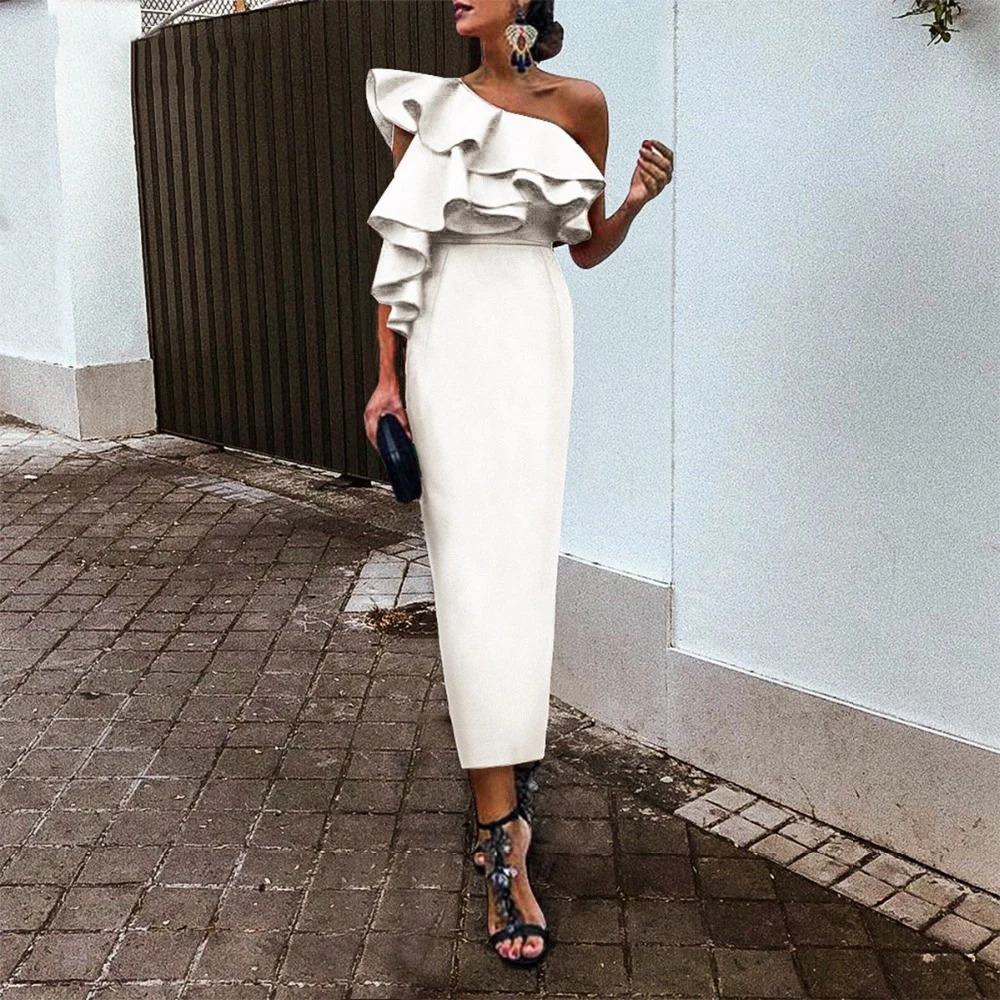 Винтажные белые Сатиновые Короткие вечерние платья-футляры длиной до середины икры с оборками на одно плечо элегантное голубое небо красные вечерние торжественные платья