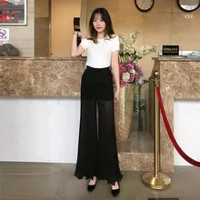 

women Pleats flared trousers hollow Summer Ankle-Length Straight loose high chiffon Ruffle leg Pants pants ladies waist wide out