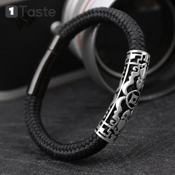 

ONE TASTE 925 Sterling Silver Tube Carved Lucky Beast Pixiu Men's Bracelet Chinese Ancient Coin Handmade Woven Rope Fine Jewel