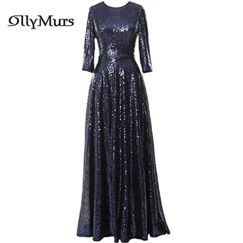 

A-Line Floor-Length Women Party Dress LR957 O-Neck Long Sleeve Robe De Soiree Shining Sequin Evening Dresses Zipper Elegant Gown