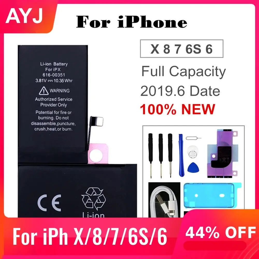 1 AYJ Original Battery for iPhone X 7 8 6S 6 Replacement Real High Capacity Mobile Phone Batteries Free Tools Usb Cable