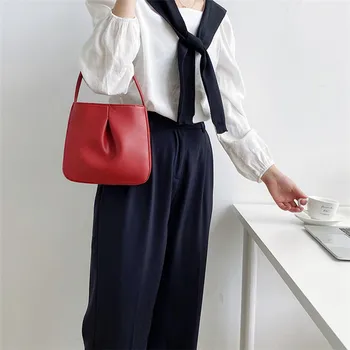 

Women New Fashion Soft Elegant Retro All-match Solid Color Pleated Shoulder Bag Axillary Bag Handbag Office Daily