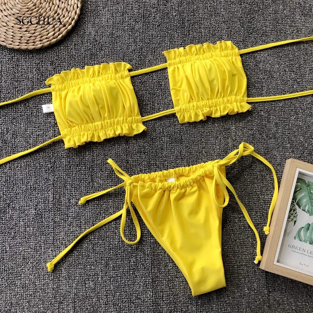 SGCHUA Brazilian Biquini Sexy Micro Red Blue Yellow Swimsuit Women Bikini PinK Thong Ruched XXL Swimwear Bandeau Bathing Suit