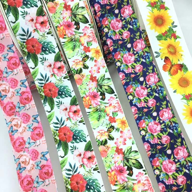 Flowers Satin Ribbon 38mm 5Y for Handmade Craft Patchwork Bows Christmas Easter Marriage Deco Gift Floral Packing
