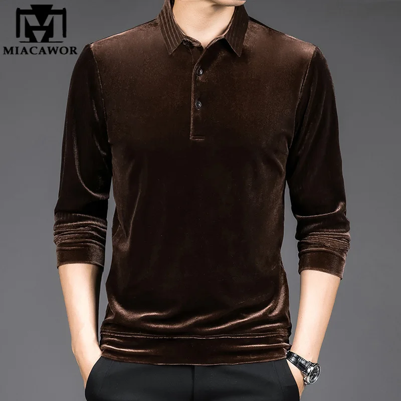 

New High Quality Golden Velvet Luxury Polo Shirt Men Spring Long Sleeve Tee Shirt Homme Casual Slim Fit Camisa Polos T1129