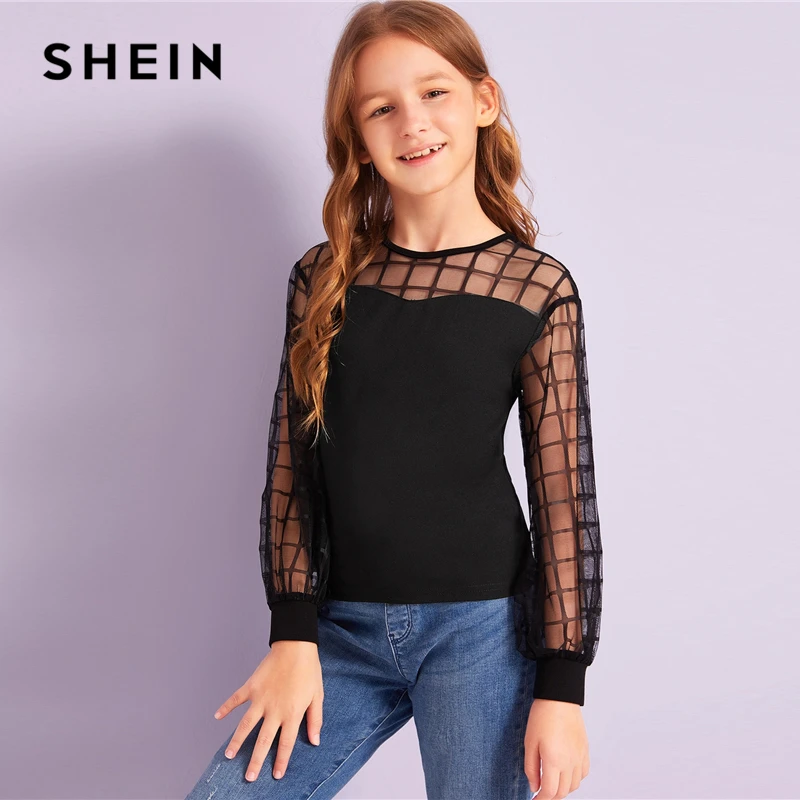 SHEIN Kiddie/черная Повседневная Блузка с контрастной сеткой на плечах детские топы года, Осенние Блузы с длинными рукавами и пуговицами сзади для подростков