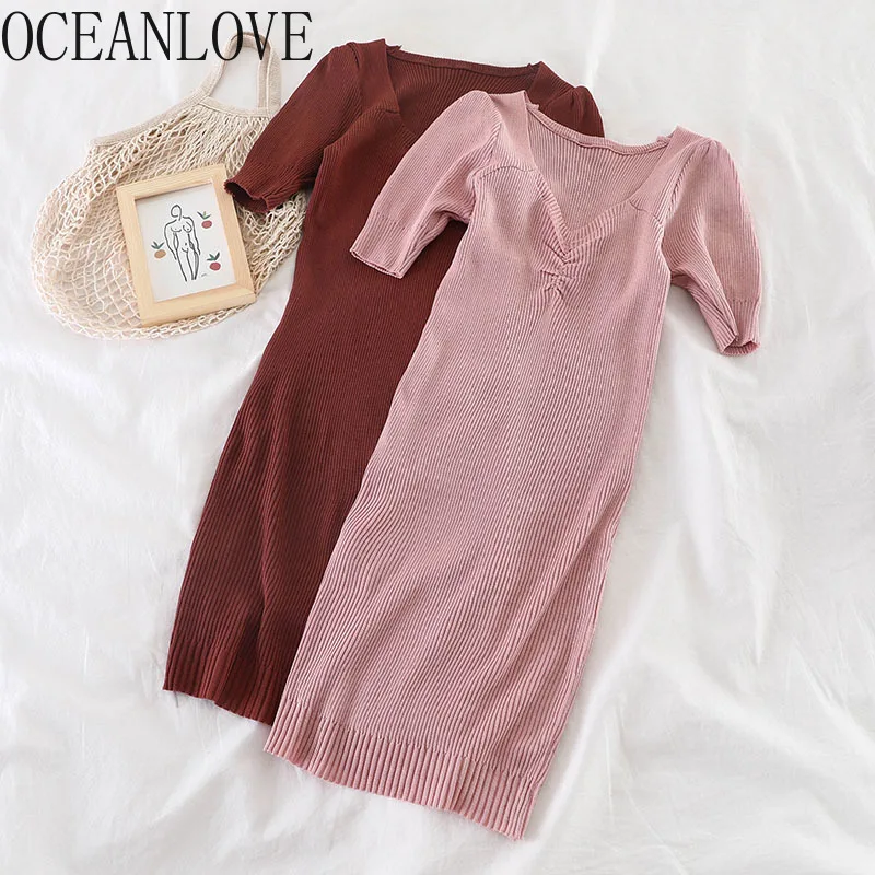 OCEANLOVE 2020 Bodycon Dress Solid Short Sleeve Knitted Stretch Sexy Dresses Women Spring Summer Vestidos Slim Korean 13914 | Женская