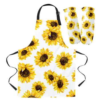 

Warm Sunflower Kitchen Aprons Kit Unisex Dinner Party Cooking Bib Funny Pinafore Cleaning Apron Sleeve Baking Gloves