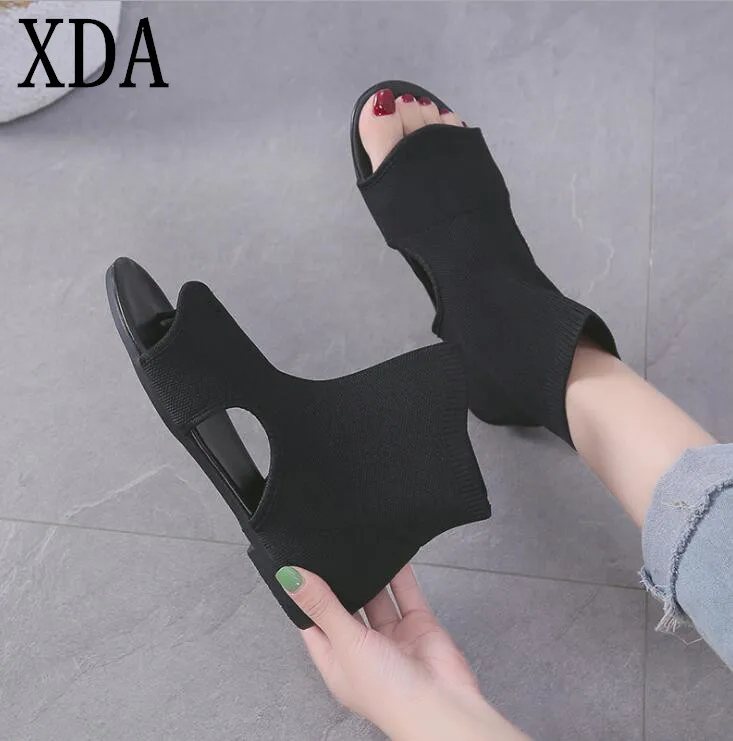 

XDA 2019 summer new knitted elastic cloth breathable pin stretch socks sandals was thin flat bottom casual Roman sandals B227