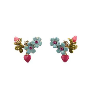 

Korean version of simple female blue titmouse series love blue rose flower green leaf earrings jewelry