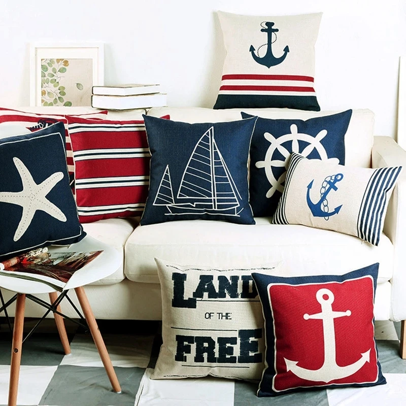 Blue Sea Compass Anchor Cushion Shell Starfish Pillows Mediterranean Throw Linen Pillowcase Home Decorative Decor Sofa Cushions