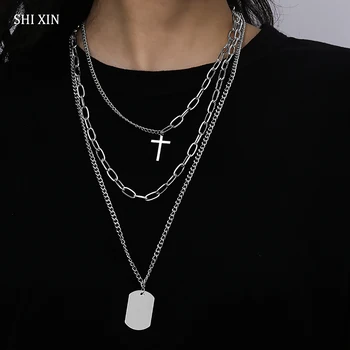 

SHIXIN Hip Hop Layered Chain Stainless Steel Necklace With Square/Cross Pendant Necklace for Women/Men Long Chain Necklaces Punk