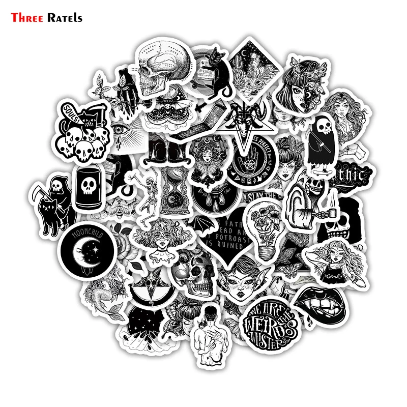 

Three Ratels 50 Pcs Black and White Gothic style girl skull Stickers Graffiti Sticker for Laptop Luggage Car Styling Guitar
