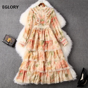 

Bohemian Beach Dress 2020 Spring Summer Women Sweet Flower Print Cascading Ruffle Lace Patchwork Long Sleeve Big Swing Dress