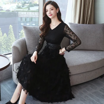 

2019 Autumn New Arrival Plus Size High Quality Elegant Feather Tassel Woman Lace Chiffon Long Dress