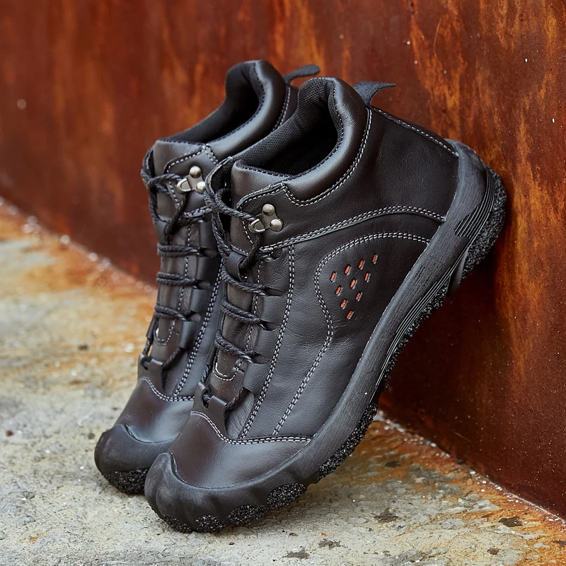 Men Genuine Leather Hiking Shoes Mountain Climbing Boots Winter Hunting Shoes Waterproof Plus Size 48 Ankle Plush Boots For Men