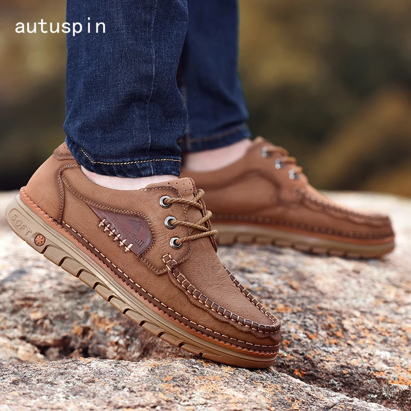 

autuspin Retro Style Tooling Shoes Men Genuine Leather Breathable Outdoors Men's Sneakers for Trekking Tactical Hiking Boots Man
