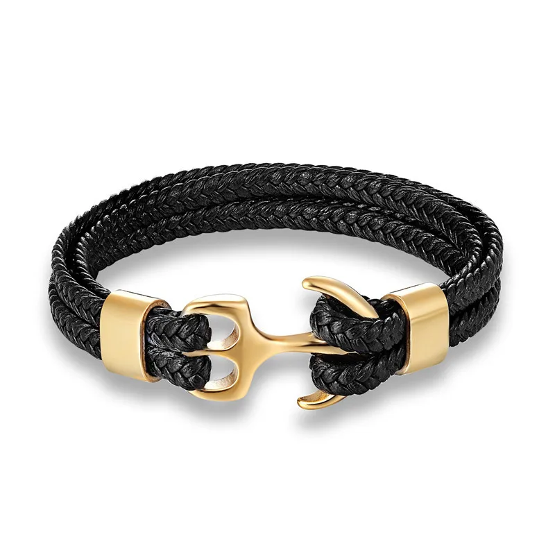 European And American Men's Titanium Steel Bracelet Black Leather Woven Anchor Stainless Steel Bracelet Leather Rope - Image 6
