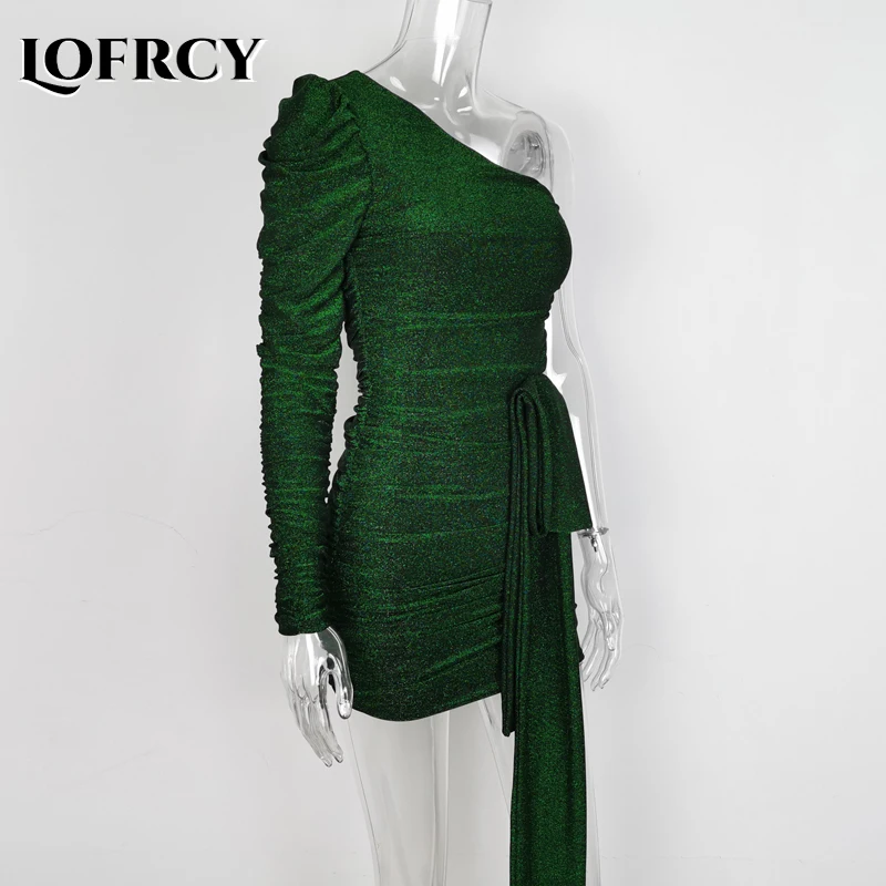 Lofrcy Spring Women Long Sleeve One Shoulder Daily Ruched Dress Sexy Green Shiny Glitter Drapped Pleated Mini Club Party | Женская