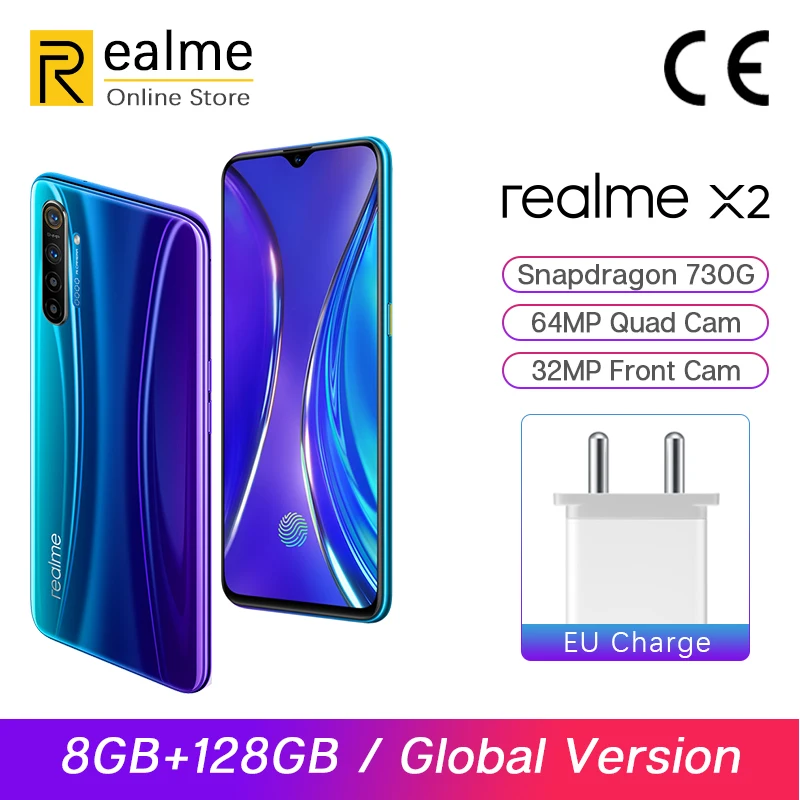 Глобальная версия realme X2 X 2 8GB 128GB Snapdragon 730G смартфон Восьмиядерный 64MP Quad Cams 6,4 ''телефон nfc 4000mAh 30W VOOC