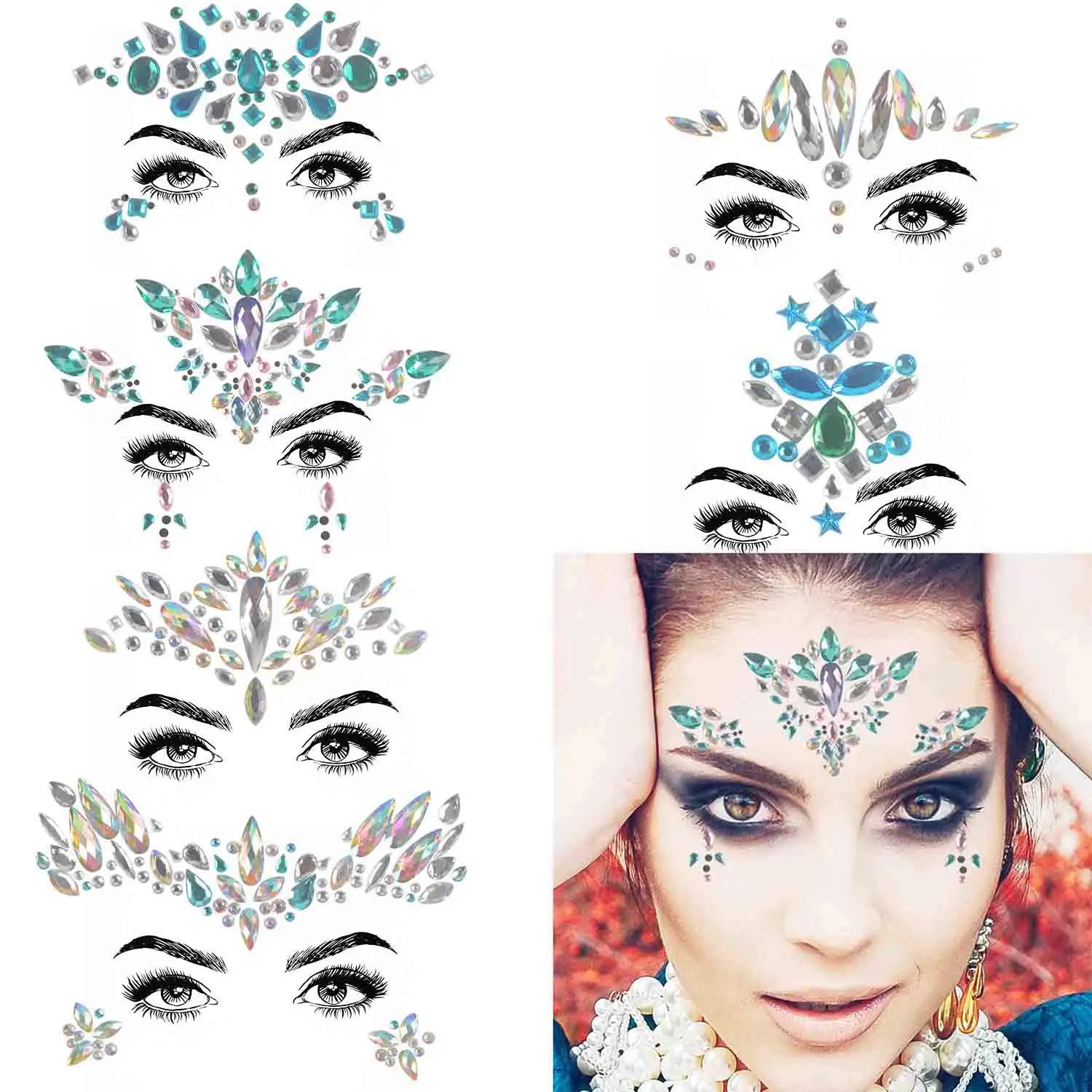 Juego de pegatinas de diamantes de imitación para el cuerpo, joyas faciales de sirena, tatuaje, lágrimas de cristal, gemas, piedras, pegatinas temporales Bambi, 6 juegos