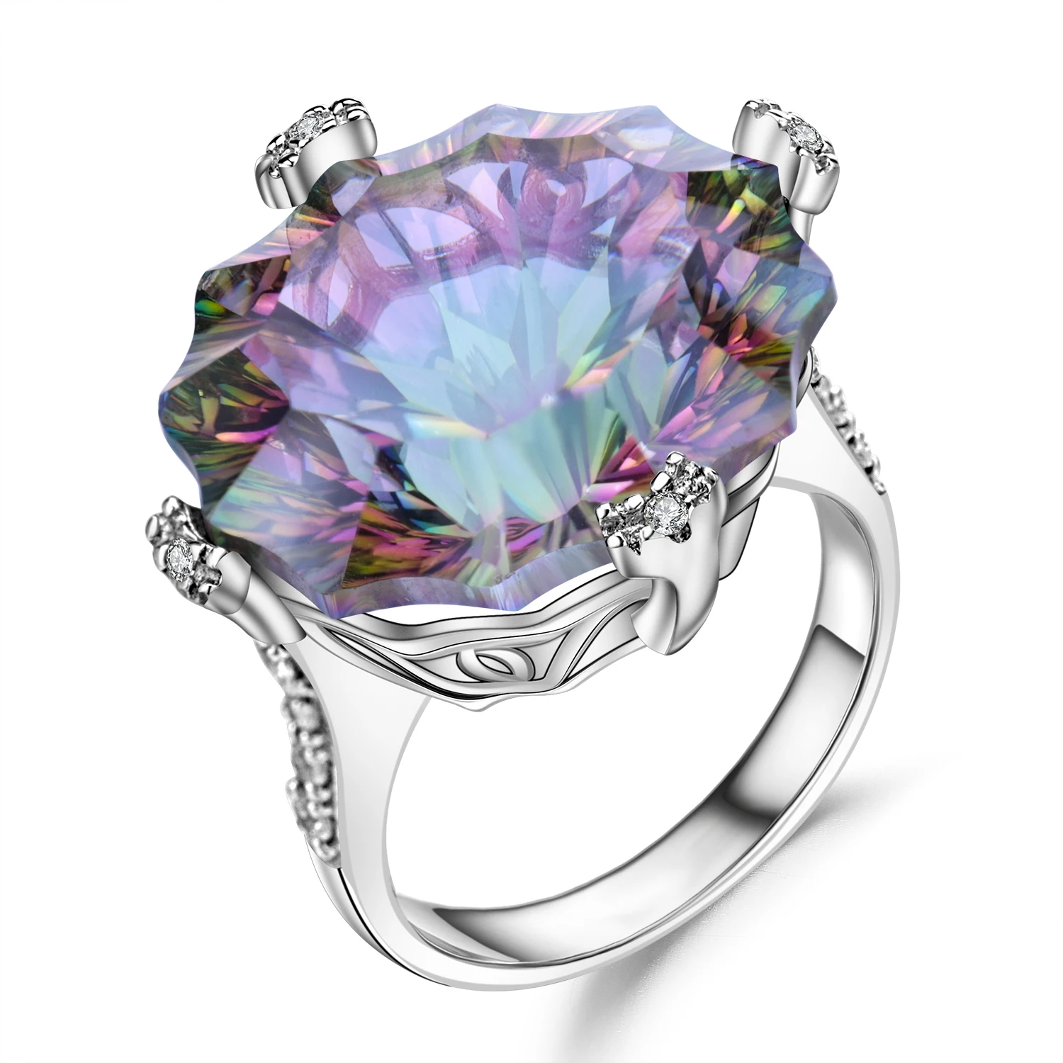 

GEM'S BALLET Luxury Natural Rainbow Mystic Quartz Cocktail Ring 925 Sterling Silver Irregular Gemstone Rings Jewelry for Women