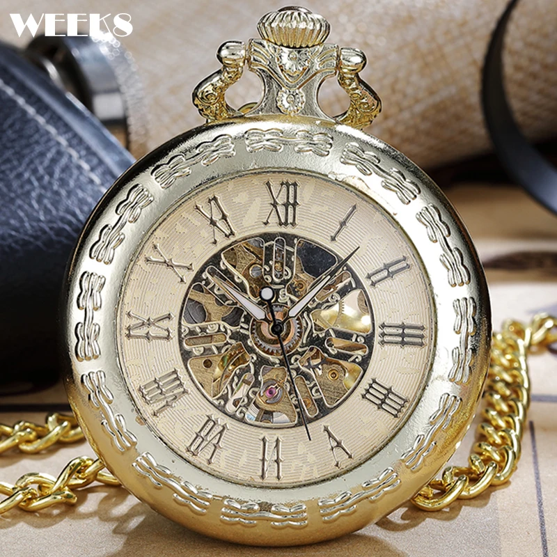 

Roman Numeral Mechanical Pocket Watch Luxury Golden Vintage Steampunk Skeleton Fob Chain Clock for Men Women Collection Gift