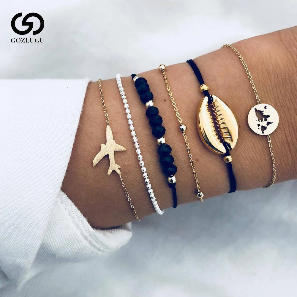 

Bohemian Shell Letter Bracelets Set For Women Girl Chain & Link Pineapple Bracelet 4Pcs/Set