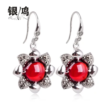 

925 STERLING SILVER NATURAL SEMI-PRECIOUS STONES RED GARNET VINTAGE SUNFLOWER EARRINGS WOMEN JEWELRY ACCESSORIES GIRLFRIEND GIFT