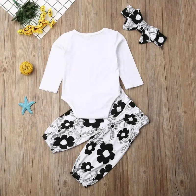 Baby Girls Clothes Set Long Sleeve Letter Print Hot Selling Spring Autumn Cotton Comfortable Romper Floral Pants Headband
