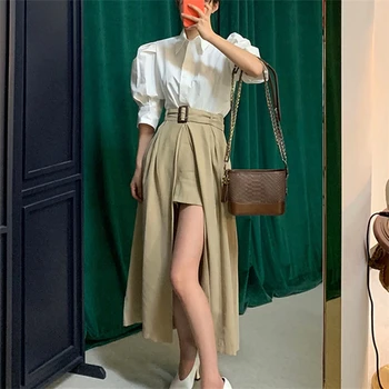 

2020 New Summer Woman Sets 2 Pieces Matching Long Pantskirts Single Breasted Casual Split Vintage Lace Up Suit