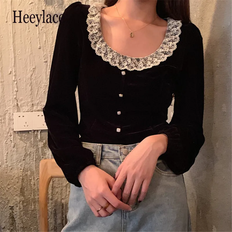 Велюровые женские блузки черные кружевные винтажные осенне-зимние топы в