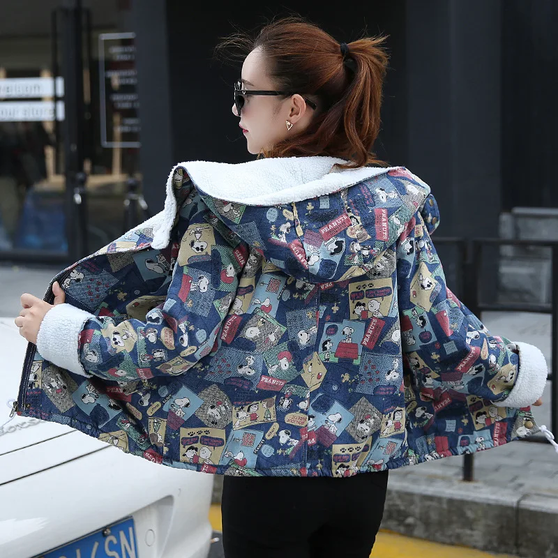 

Photo Shoot New Style WOMEN'S Dress Korean-style Loose-Fit Printed Cowboy Cotton Coat Short Lace-up Hooded Lambs Wool Coat