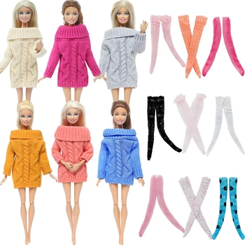 

5 Pcs/Lot = 2x Colourful Doll Dress Pure Cotton Sweater + Random 3x Lace Stockings Socks Accessories Clothes for Barbie Doll Toy