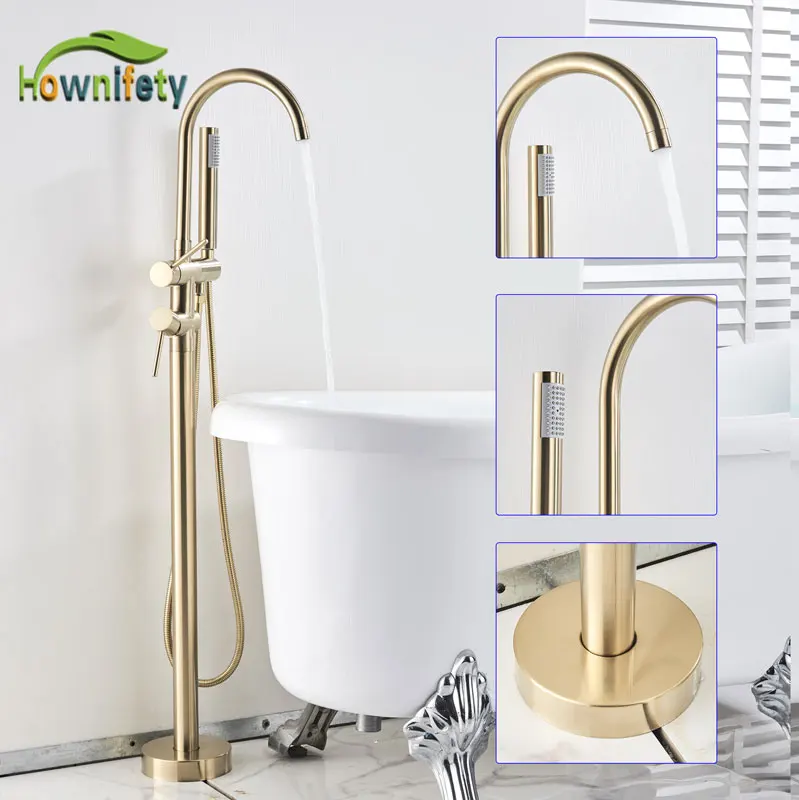Brushed gold Bathtub Floor Stand Faucet Mixer Single Handle Mixer Tap 360 Rotation Spout With ABS Handshower Bath Mixer Shower