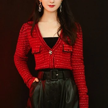 

2020 Fall Woman Red Tweed Coats V Neck Short Jackets