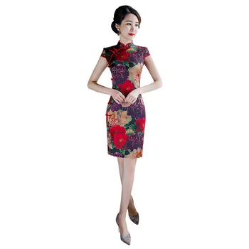 

Vintage Lady Oversize 3XL 4XL 100% Real Silk Qipao Chinese Party Prom Dress Gown Sexy Print Flower Cheongsam Slim Short Vestidos