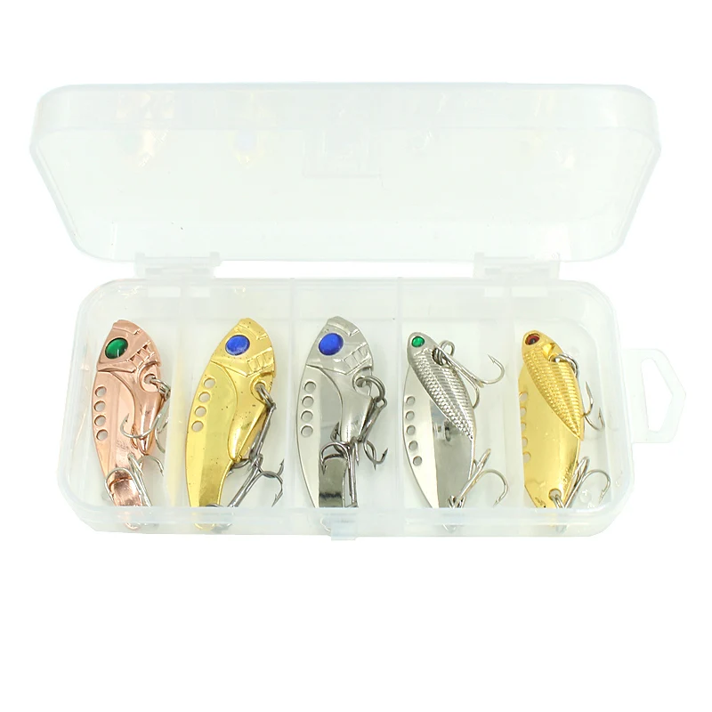 

5pcs/box Metal VIB Lures 5.5cm 10g Vibrations Fishing bait Bass Spoon Lure Artificial Hard Crank Cicada Lure wobbler 3D Eyes