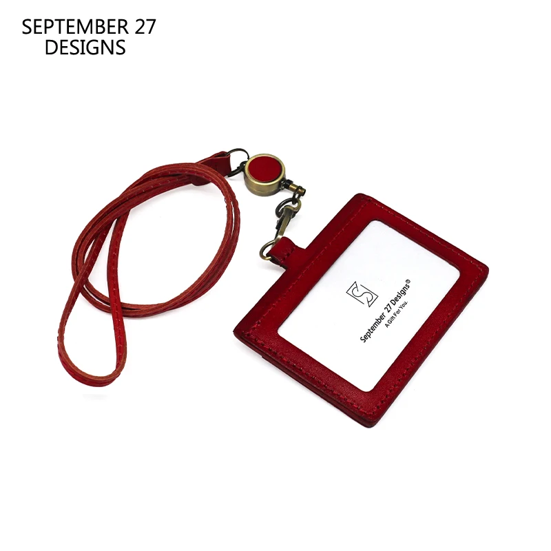 

ID Badge For Office Work Genuine Leather Lanyard Reel Credit Bus Card Bag Cowhide Neck Strap Identity Card Purses