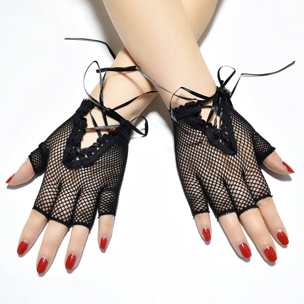 Black Gothic Women Half-finger Mesh Glove 2021 Cool Lady Lace-up Hollow Out Street Unisex Wrist-length Thin Gloves Goth Cosplay