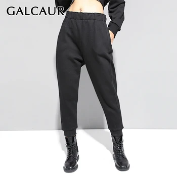 

GALCAUR Korean Casual Female Pants Midi Elastic Waist Pocket Plus Size Loose Womens Harem Pant 2020 Autumn Fashion Clothes New