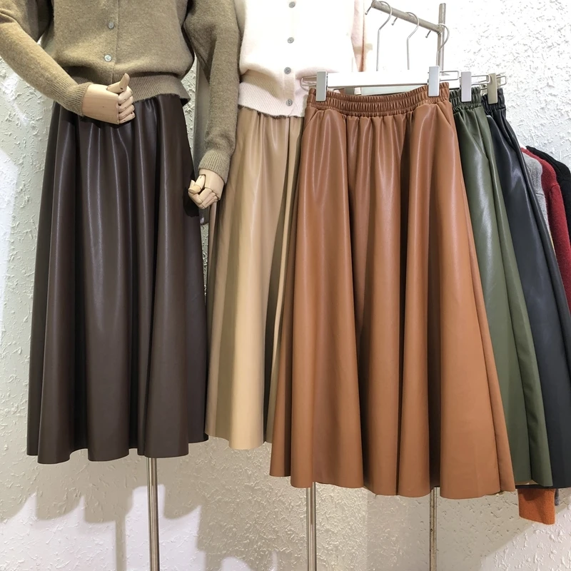 Long Leather Skirts Women Long Pleated Skirts Leather Long Skirt
