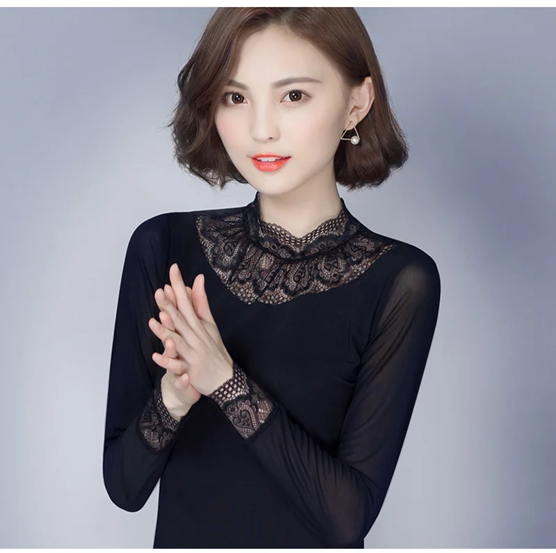 Blusas mujer de moda, осенняя Сетчатая футболка, модная, повседневная, длинный рукав, открытая кружевная рубашка размера плюс, Женские топы и рубашки