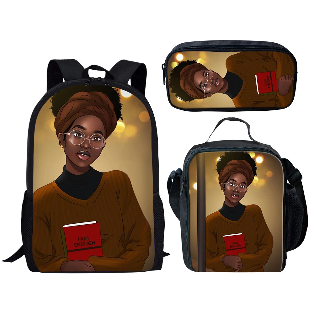 Бесшумные дизайнерские школьные рюкзаки для девочек, черный дизайн, афро-американский женский школьный рюкзак с принтом для детей, 3 шт./компл., консервативный рюкзак для книг, Детская сумка - Цвет: YQ4062CGK