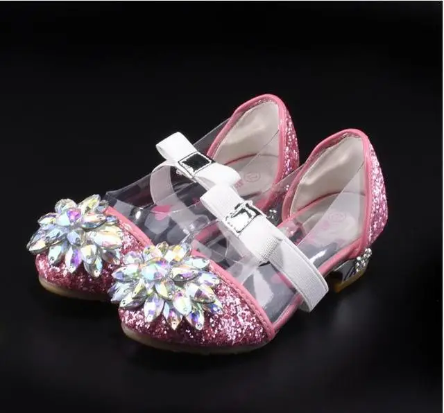Модная обувь Золушки с яркими стразами; тонкие туфли принцессы для девочек; обувь на высоком каблуке для выступлений - Цвет: Розовый