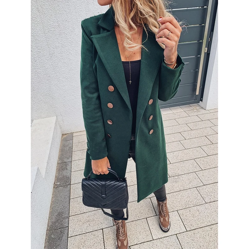 Autumn Woolen Jacket Office Lady Turn-Down Collar Overcoat Slim Winter Wool Blends Oversize 3XL Women Long Coat Outerwear G1048 - Цвет: Green