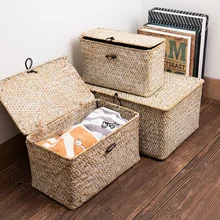 Seaweed Woven Storage Baskets Rectangular Storage Box with Lid Sundries Organize Box Handmade Laundry Basket Home Storage