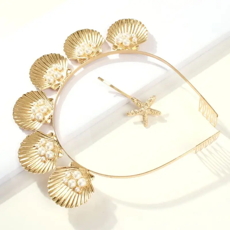 

Marine Style Golden Shell Tiara Crown with Comb Faux Pearl Beaded Wedding Bridal Hair Hoop Women Girl Vacation Styling Bobby Pin